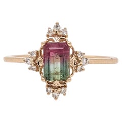 Watermelon Tourmaline Ring w Natural Diamonds in Solid 14K Yellow Gold EM 6x4mm
