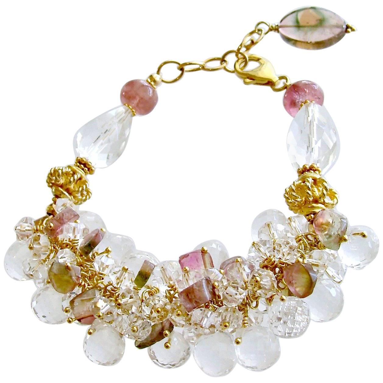 Watermelon Tourmaline Rock Crystal Adjustable Cluster Bracelet, Fleurs Confites