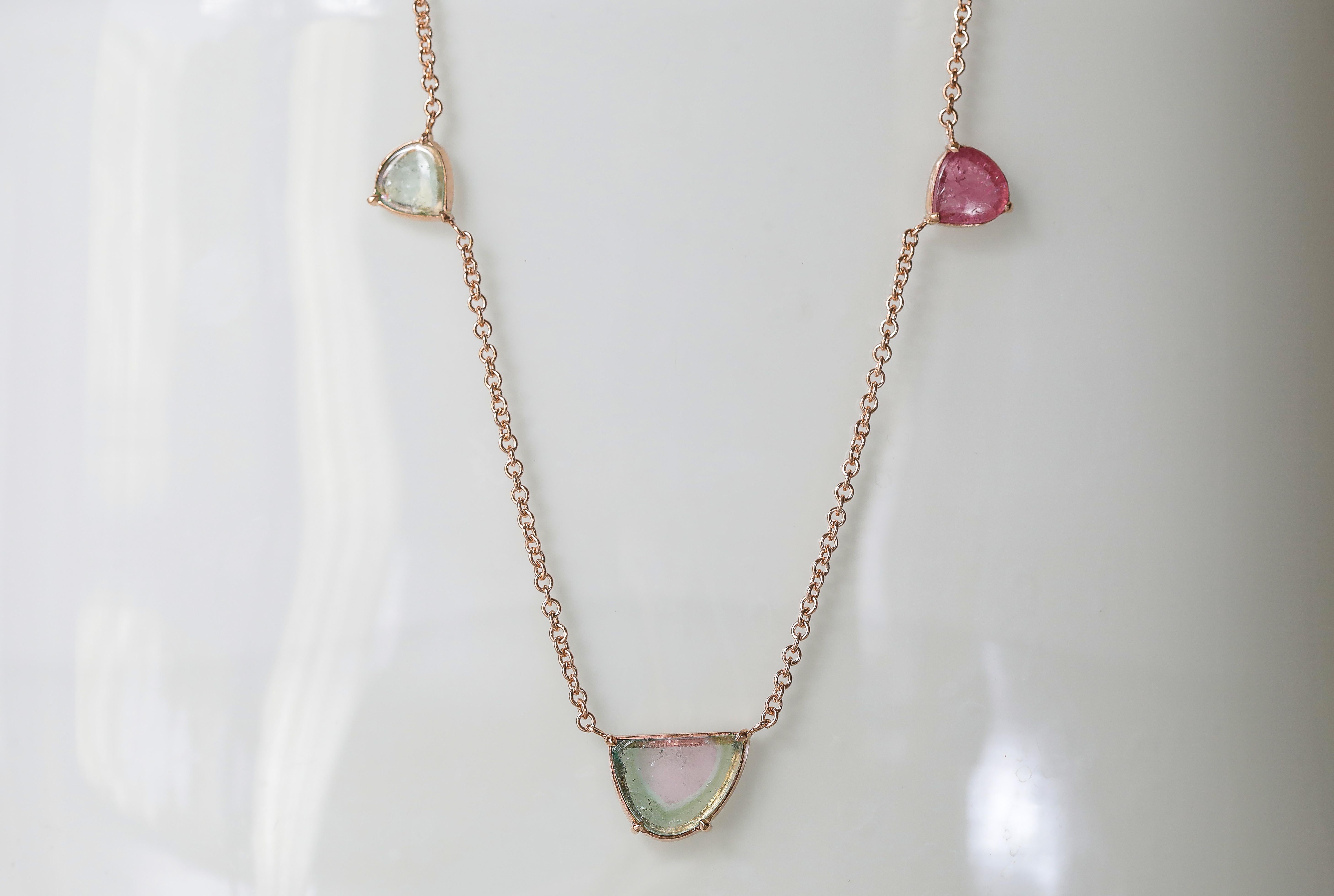 Watermelon Tourmaline Slice Chain Choker Necklace In New Condition For Sale In London, GB