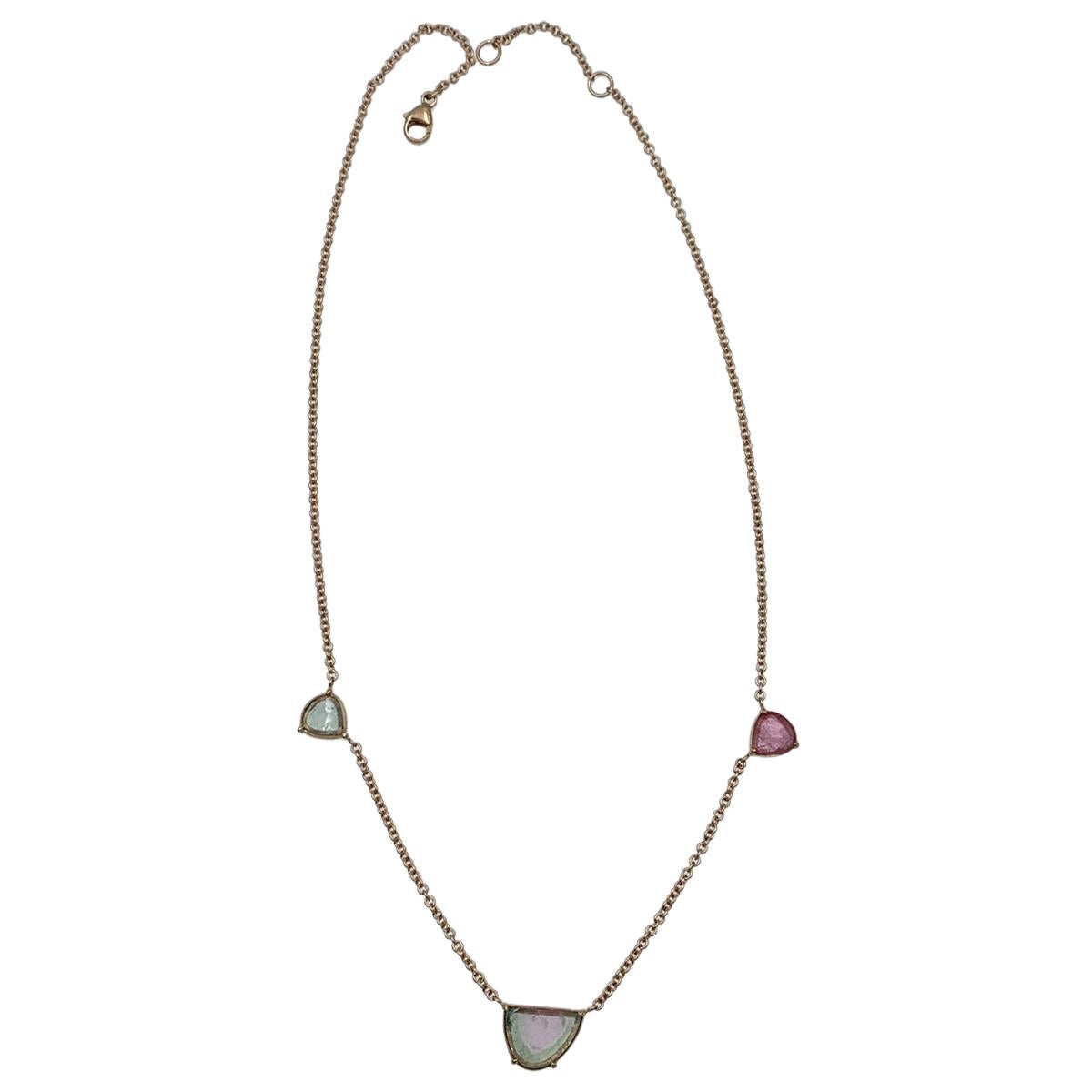 Watermelon Tourmaline Slice Chain Choker Necklace