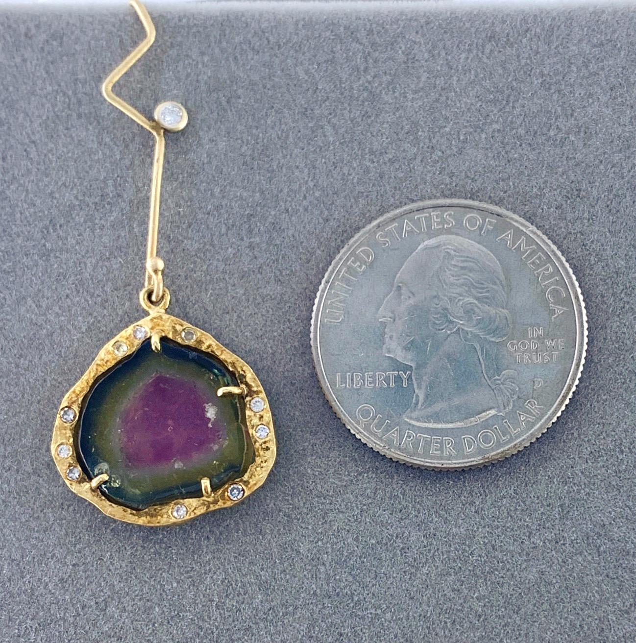 Contemporary Watermelon Tourmaline Slice Dangle Earrings with Diamond Halos in 18 Karat Gold