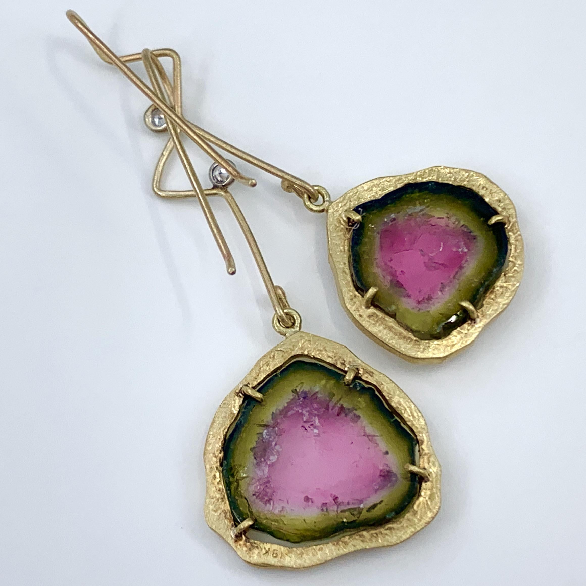 Brilliant Cut Watermelon Tourmaline Slice Dangle Earrings with Diamond Halos in 18 Karat Gold