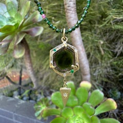 Watermelon Tourmaline Slice Pendant in 14K Gold with Diamond & Emerald Accents