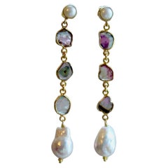 Watermelon Tourmaline Slices Flameball Pearl Earrings - Anastasia Earrings II