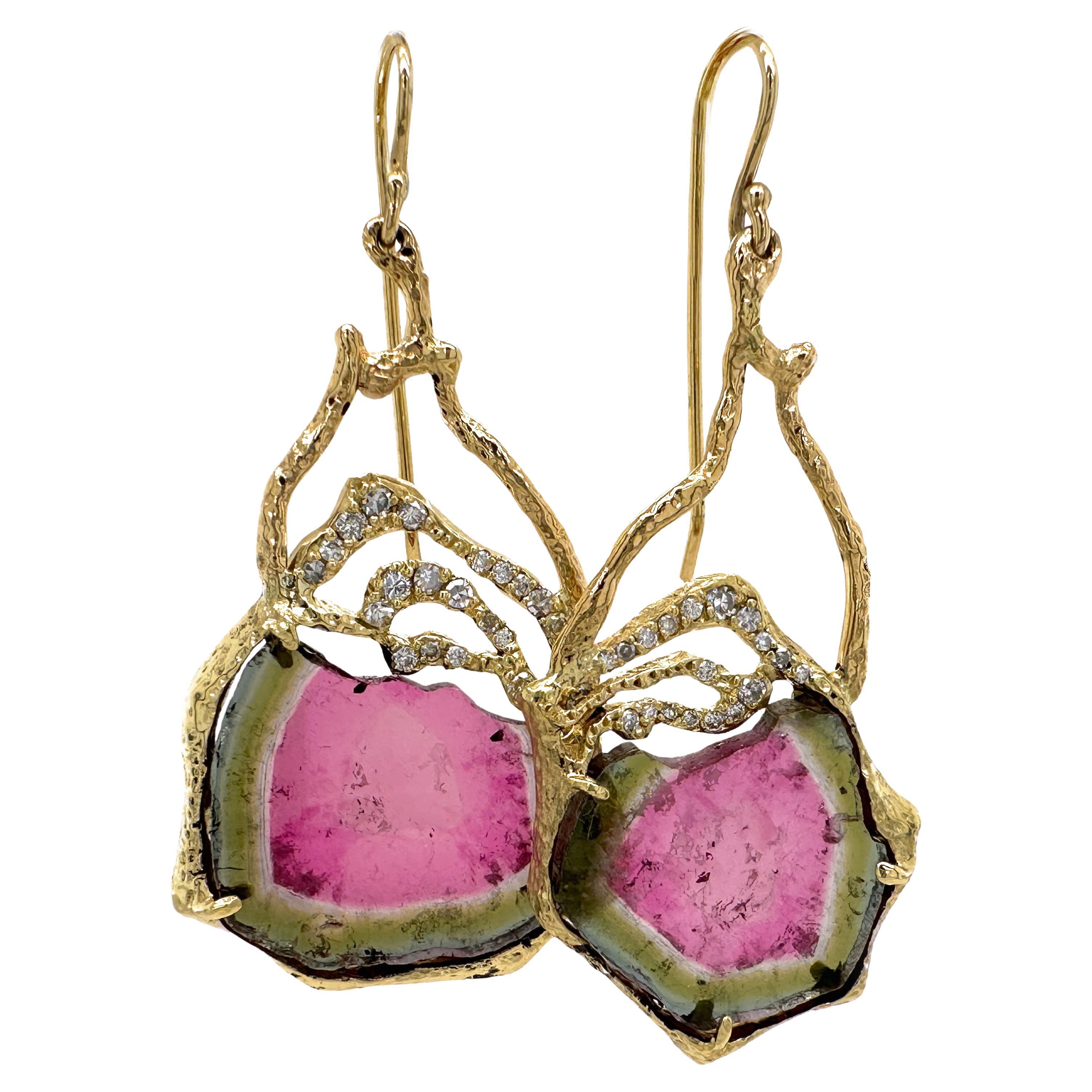 Watermelon Tourmaline Slices in 14K Gold Freeform Dangle Earrings with Diamonds