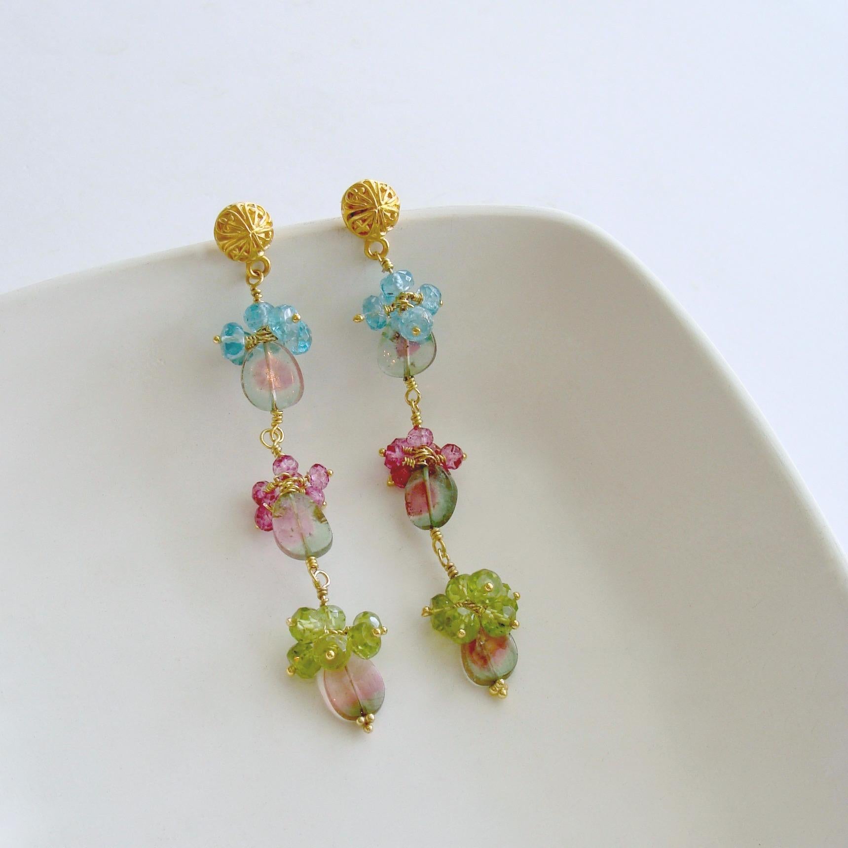 Watermelon Tourmaline Slices Peridot Pink Topaz Apatite Duster Earrings In New Condition In Colleyville, TX