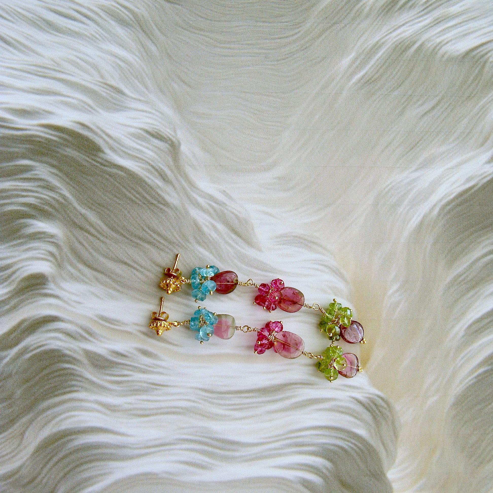 Watermelon Tourmaline Slices Pink Topaz Apatite Peridot Duster Earrings In New Condition In Colleyville, TX