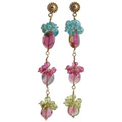 Watermelon Tourmaline Slices Pink Topaz Apatite Peridot Duster Earrings