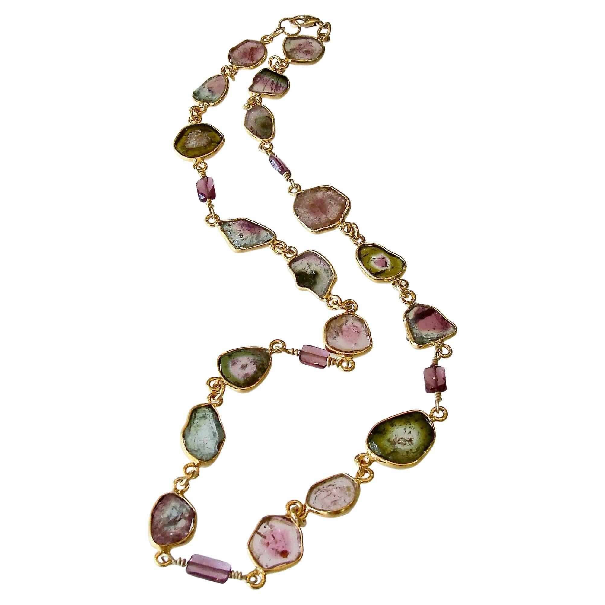 Watermelon Tourmaline Slices and Rhodolite Garnet Necklace, Anastasia  Necklace at 1stDibs