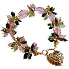 Watermelon Tourmaline Slices Tourmaline Cluster Padlock Heart Bracelet