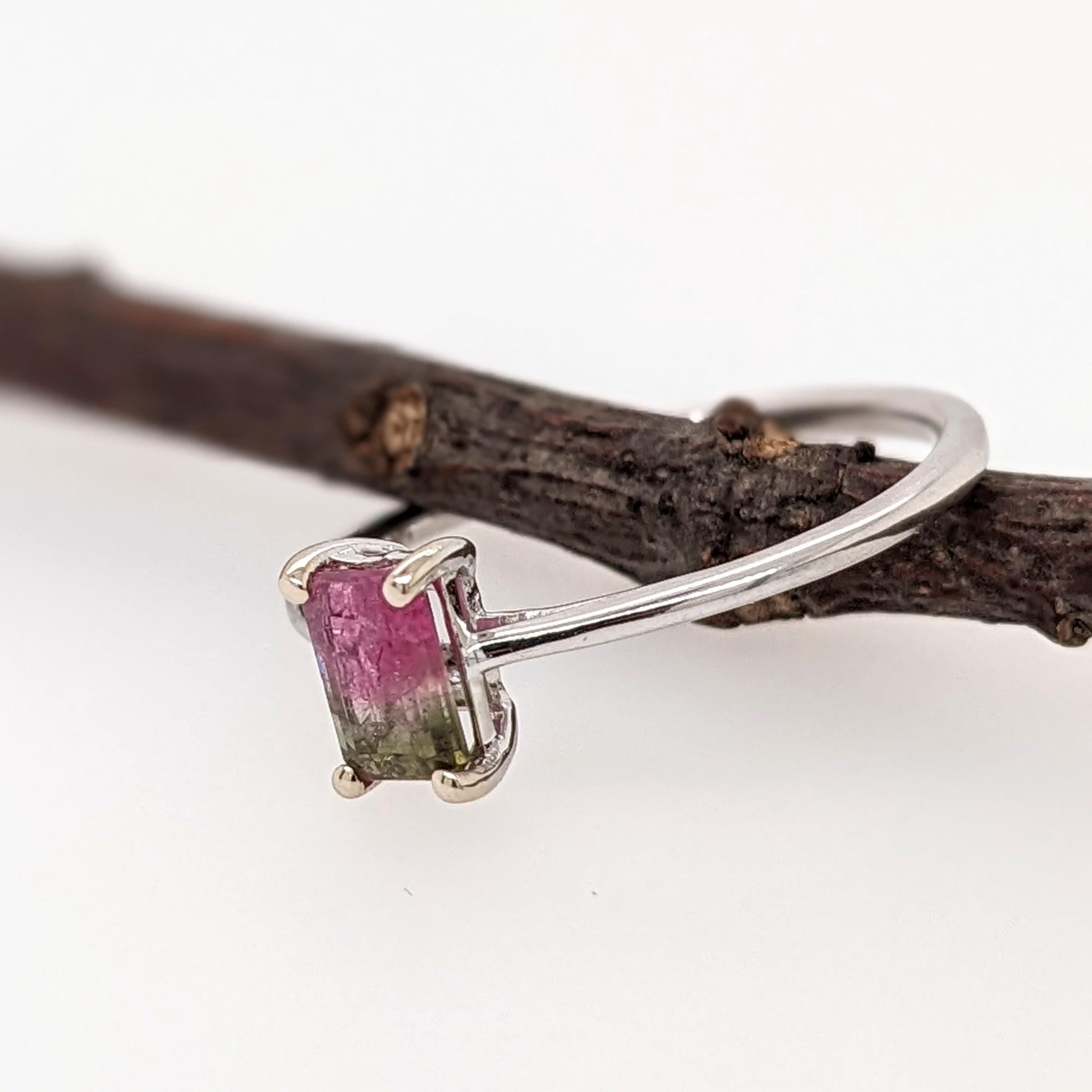 Modern Watermelon Tourmaline Solitaire Ring in Solid 14K White Gold Emerald Cut 6x4mm For Sale
