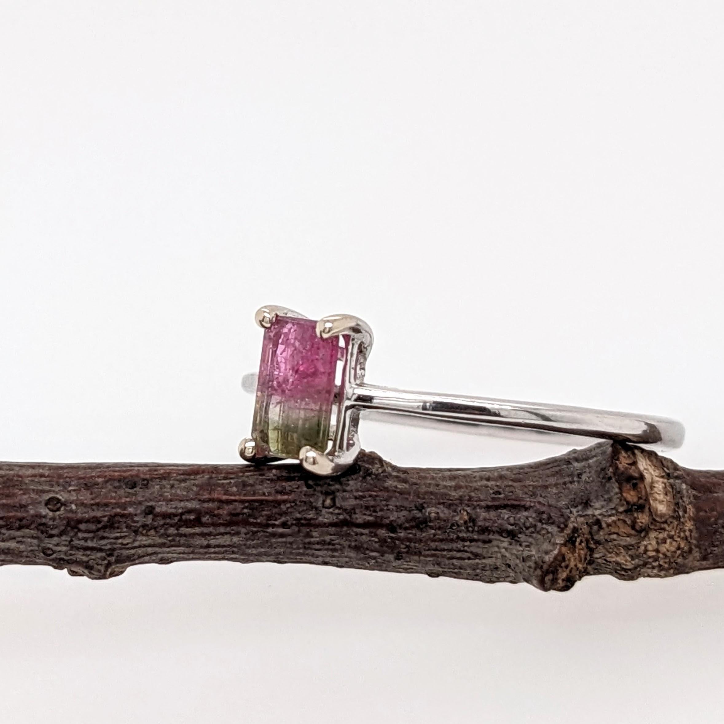 Watermelon Tourmaline Solitaire Ring in Solid 14K White Gold Emerald Cut 6x4mm In New Condition For Sale In Columbus, OH