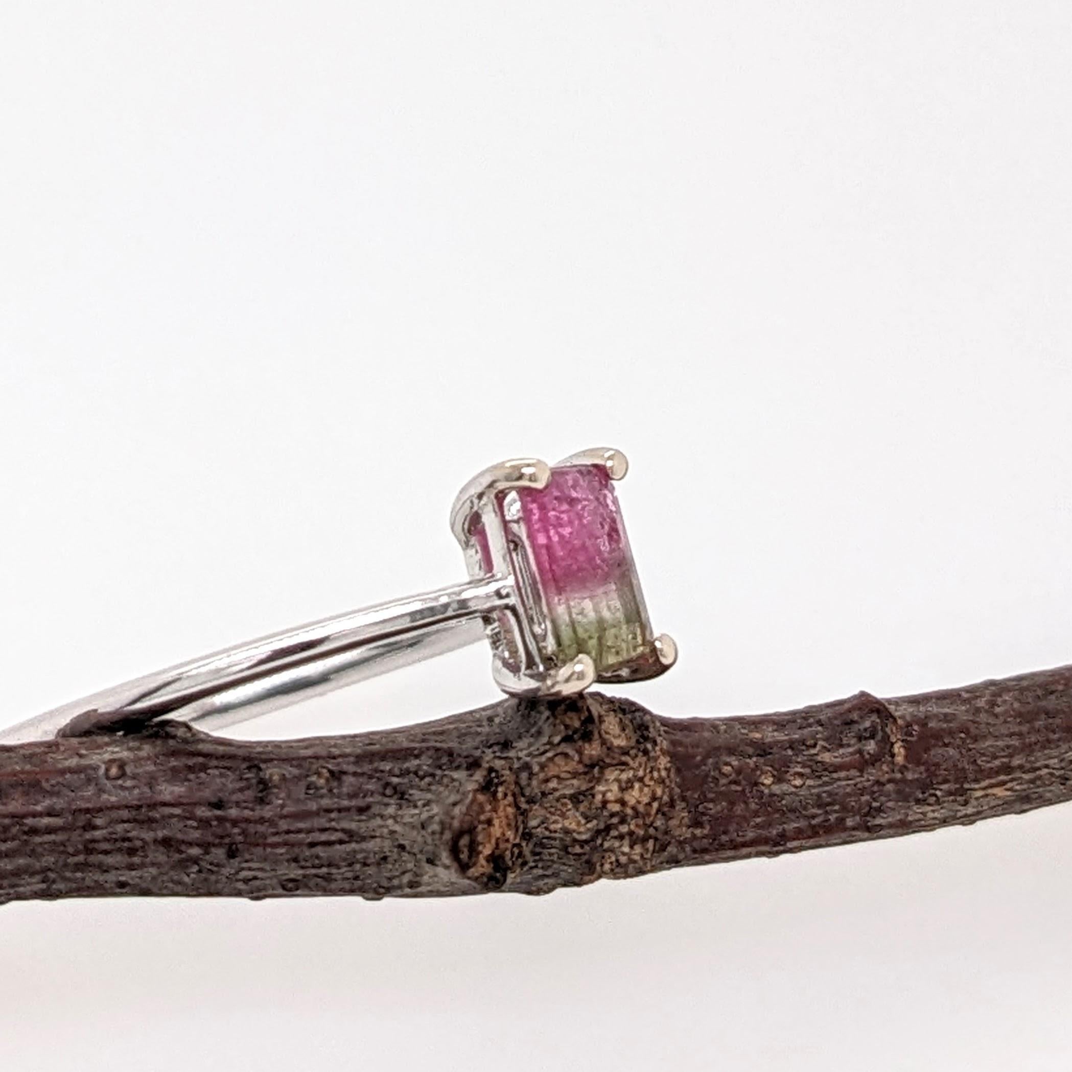 Watermelon Tourmaline Solitaire Ring in Solid 14K White Gold Emerald Cut 6x4mm For Sale 1