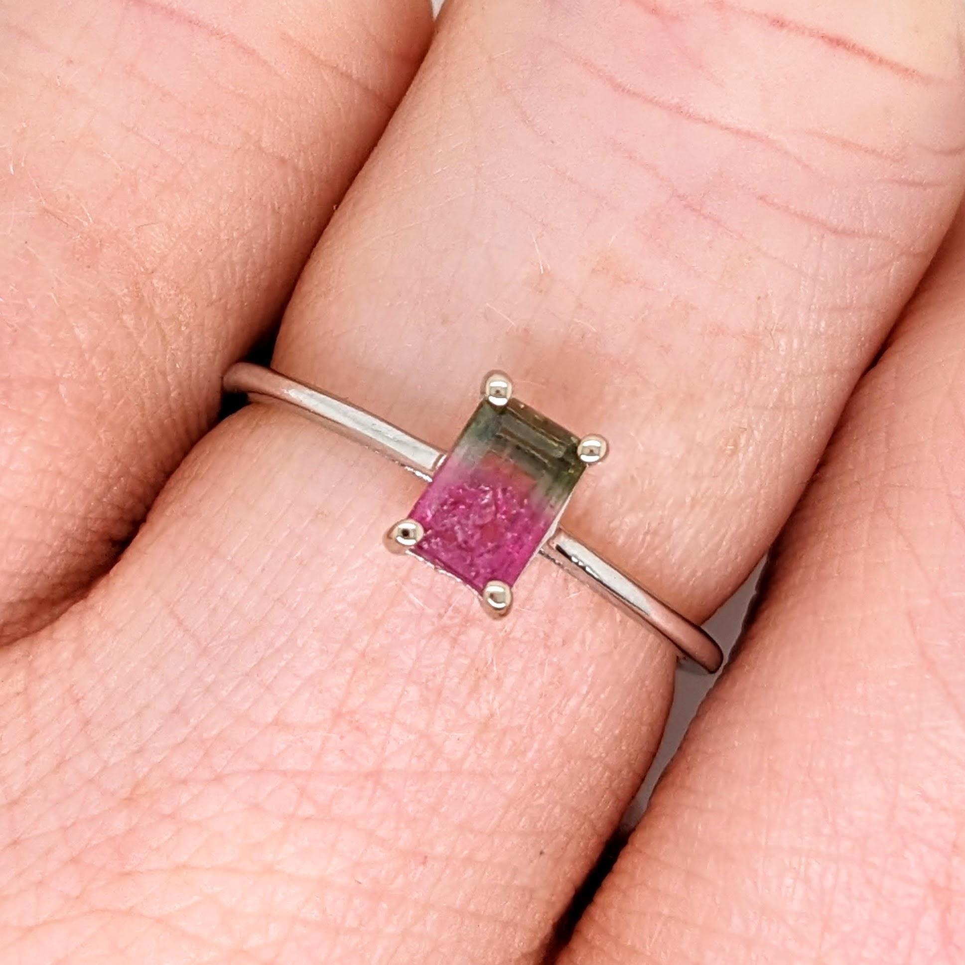 Watermelon Tourmaline Solitaire Ring in Solid 14K White Gold Emerald Cut 6x4mm For Sale 2