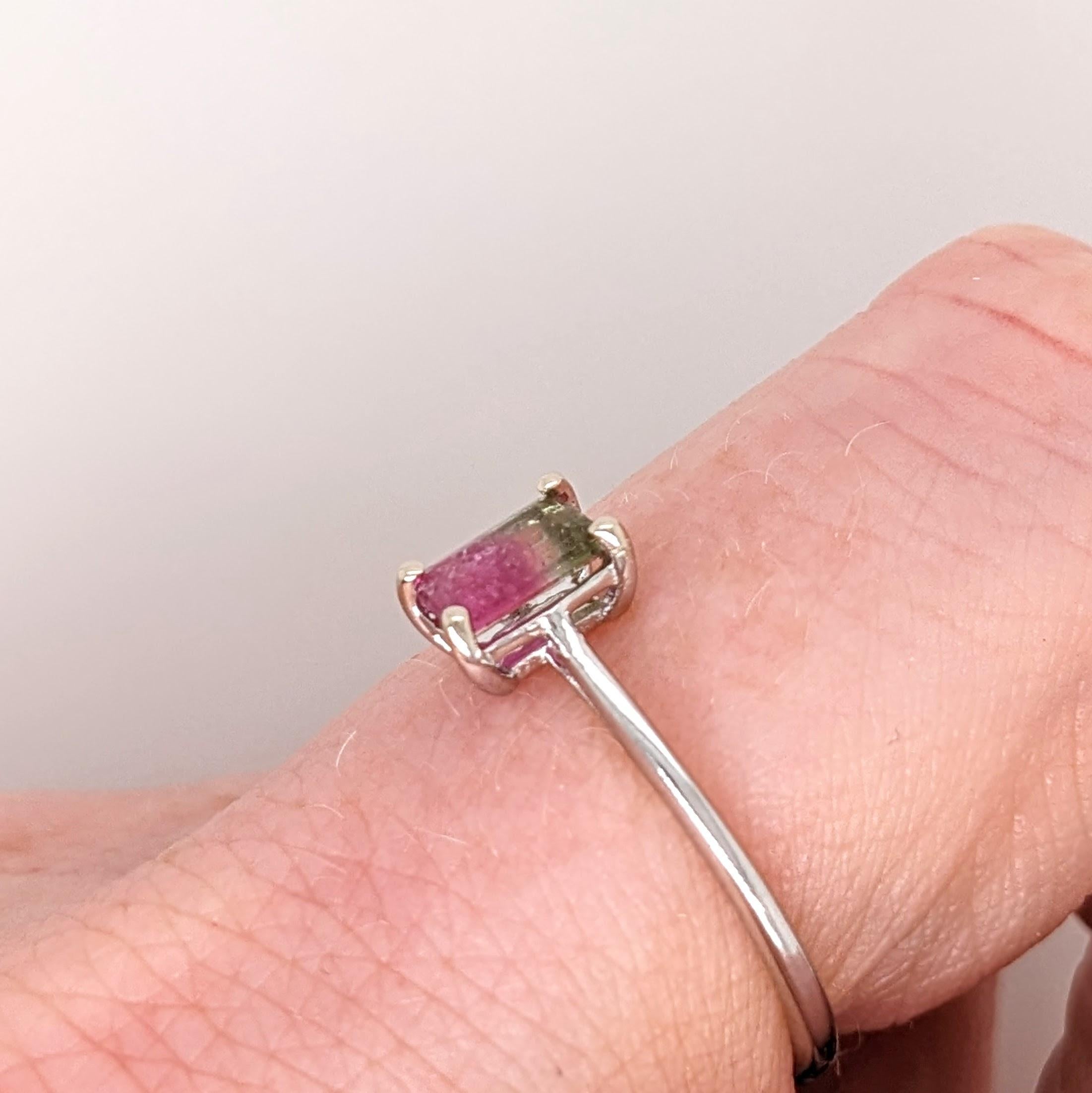 Watermelon Tourmaline Solitaire Ring in Solid 14K White Gold Emerald Cut 6x4mm For Sale 3