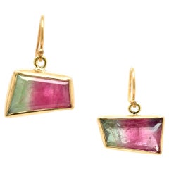 Watermelon Tourmaline Trapezoid Gold Earrings