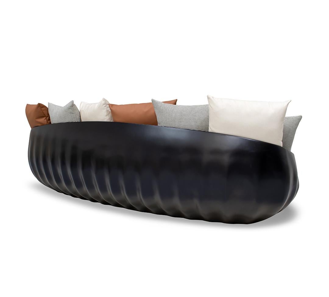 Portuguese Outdoor Black Sofa with Dedar Fabric and Brown Leather Cushions For Sale