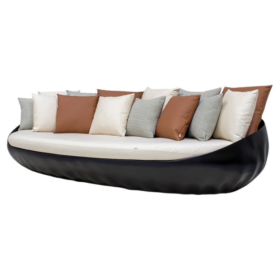Outdoor Black Sofa with Dedar Fabric and Brown Leather Cushions For Sale