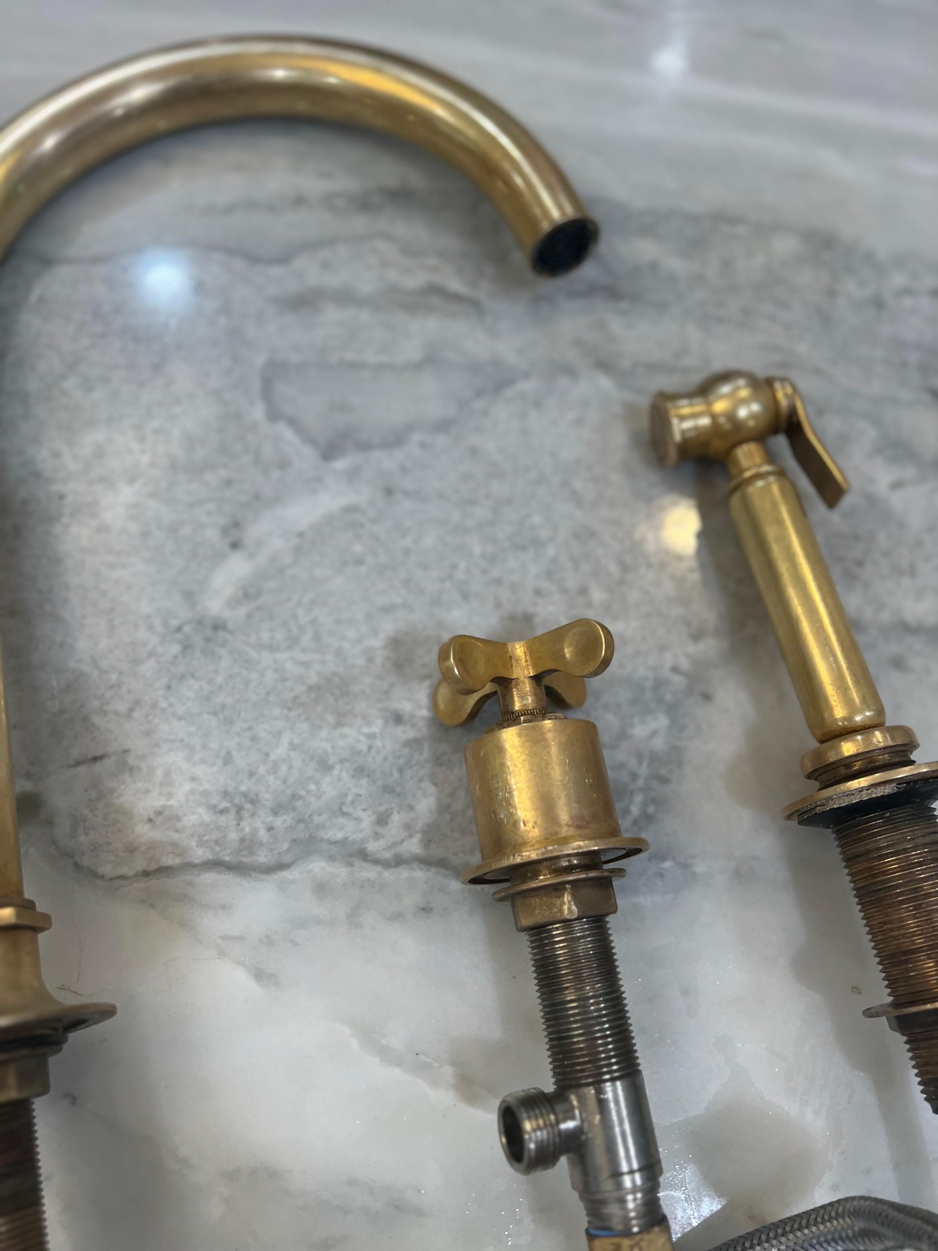 Modern Waterworks Burnished Brass Henry Kitchen Faucet includes Sprayer  - Three Hole