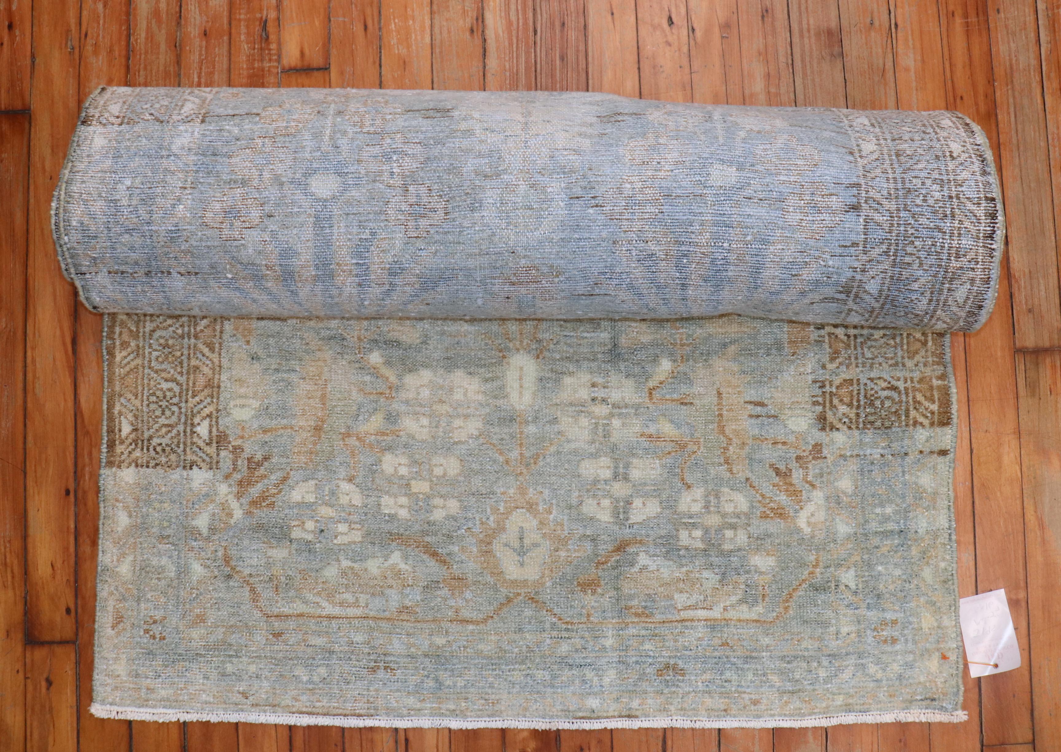 Predominant light blue Gray Persian Malayer runner from the early 20th century. Accents in light brown and silver.

Measures: 3' x 16'7