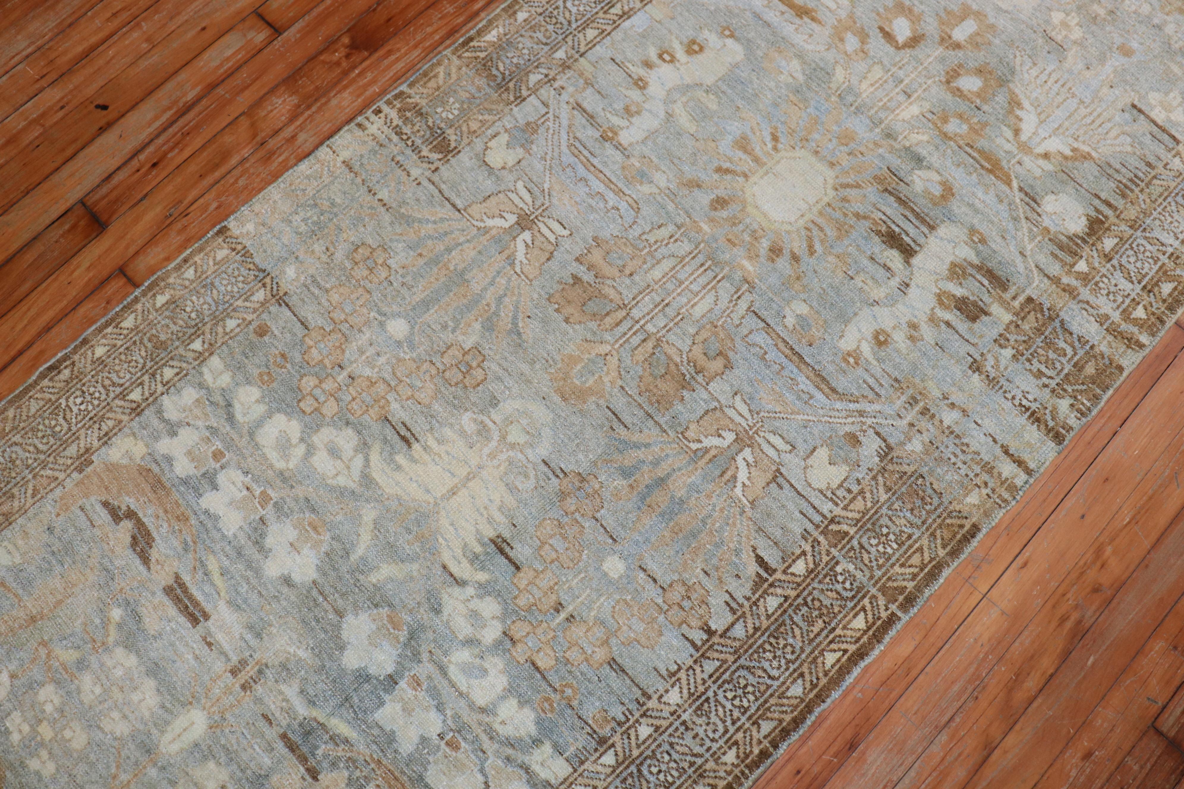 Hand-Knotted Watery Blue Gray Persian Malayer Runner, 20th Century