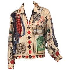 Wathne Golf Theme Silk Scarf Print Jacket Reverses to Navy Blue Lightweight Wool