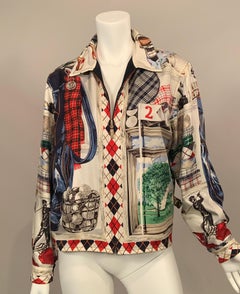 Wathne Golf Theme Silk Scarf Print Jacket Reverses to Navy Blue Lightweight Wool