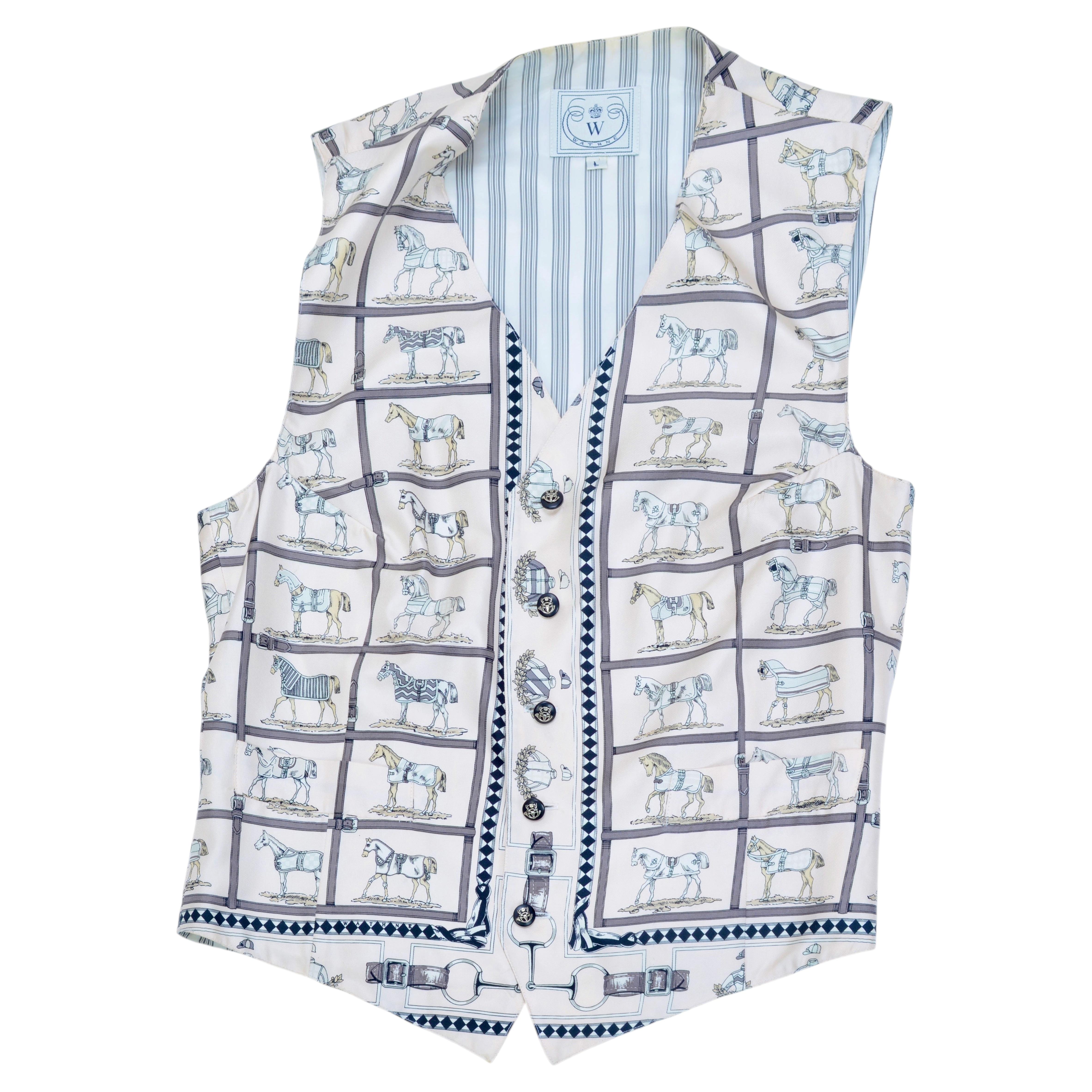 Wathne Silk Vest With Thoroughbred Race Horses & Jockeys in Their Winning Silks For Sale
