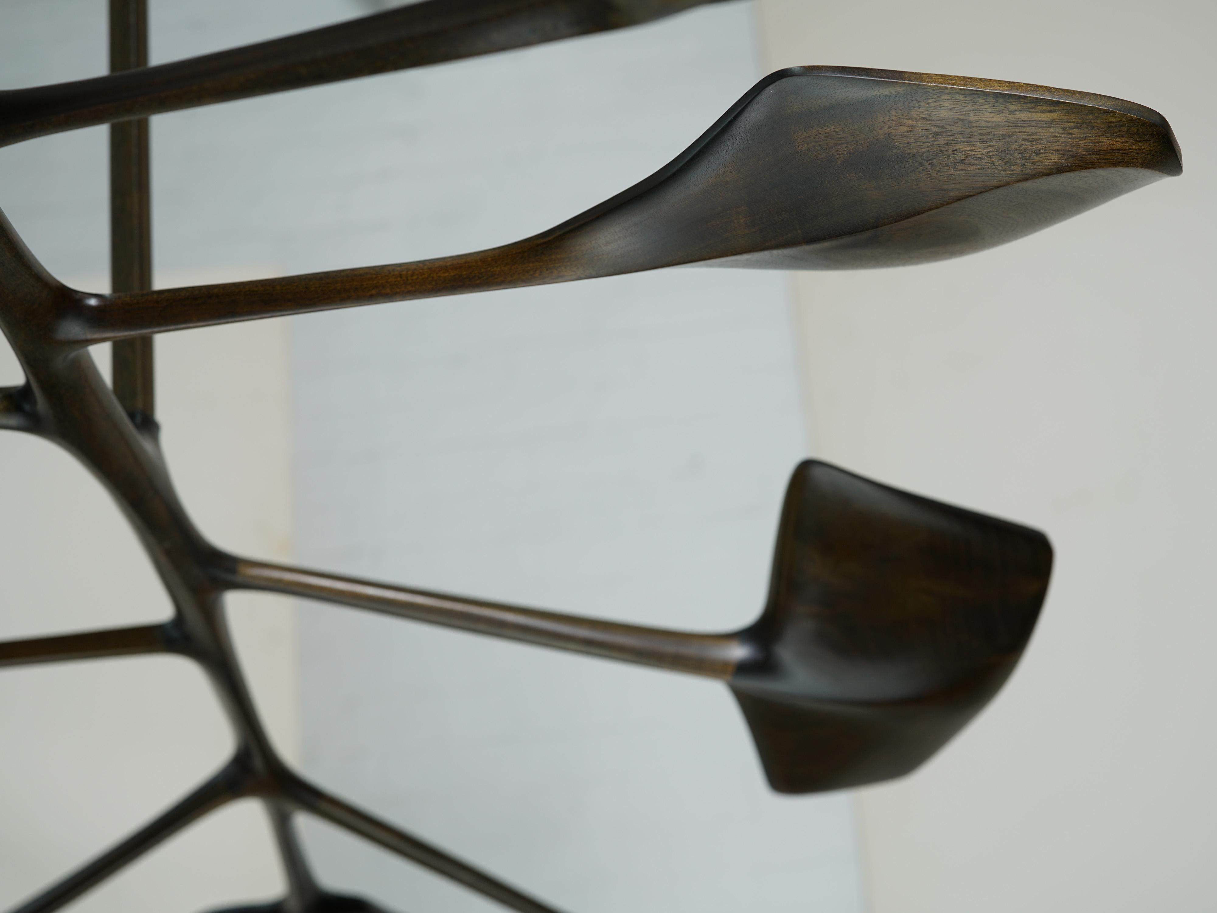 Ebonized Organic, Sculptural Wood Sapele, hand finish- Leaf-like, Contemporary Chandelier For Sale