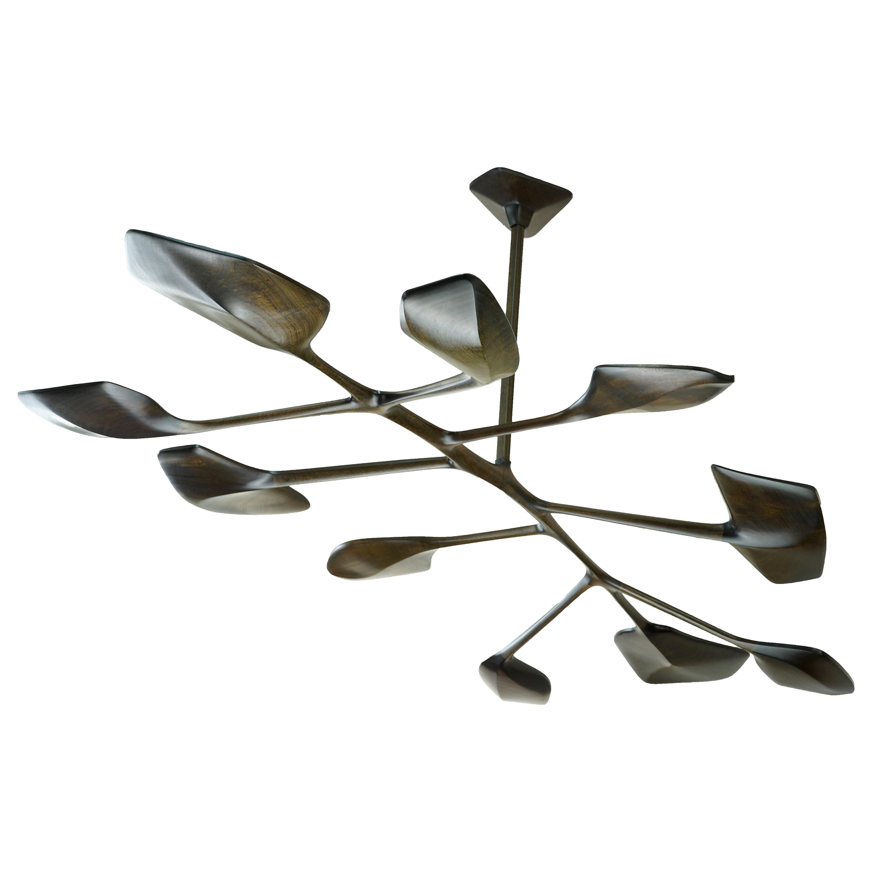 Organic, Sculptural Wood Sapele, hand finish- Leaf-like, Contemporary Chandelier For Sale