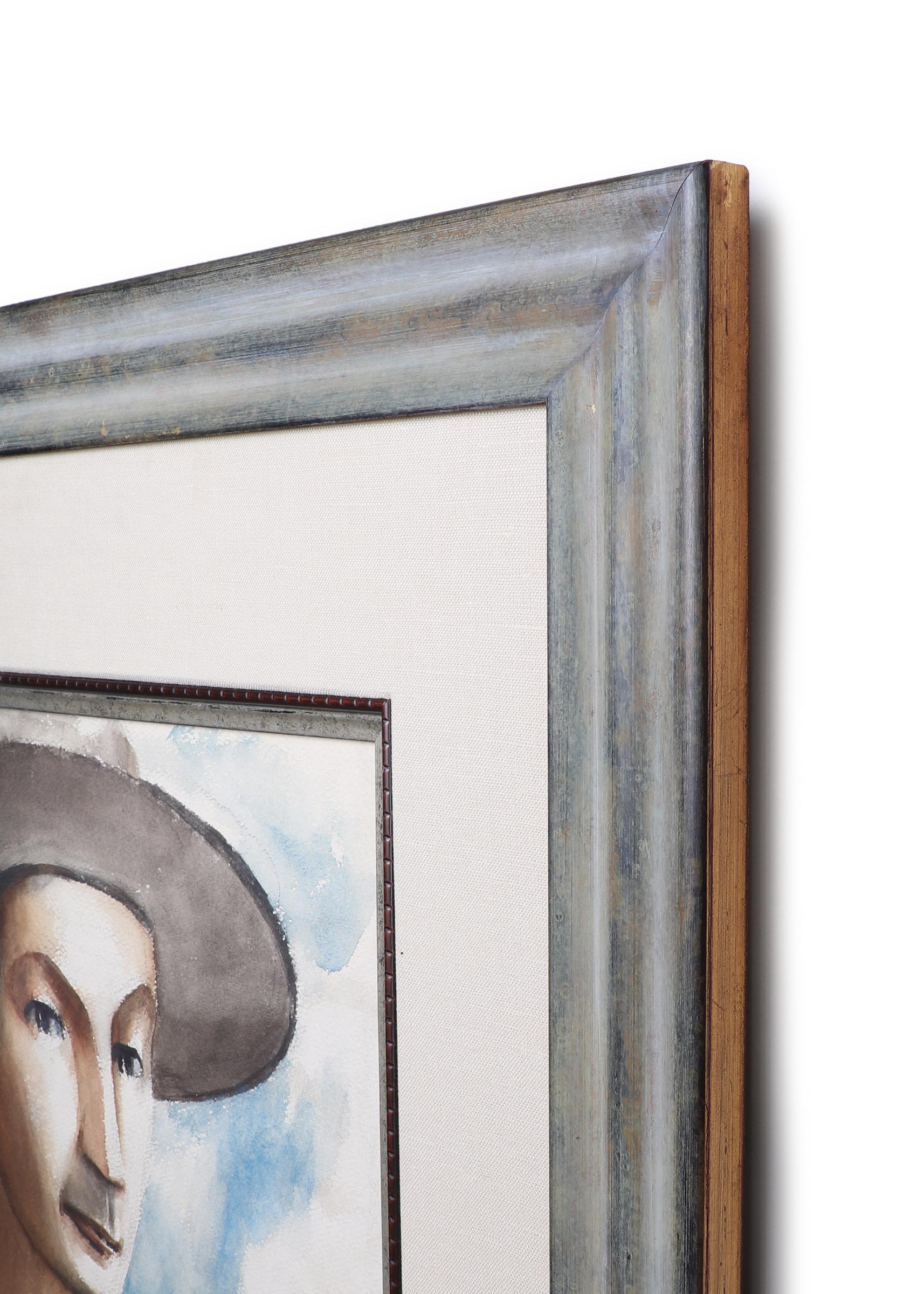 Ritratto modernista americano WPA degli anni '40 dipinto ad acquerello, contadino con cappello blu 5