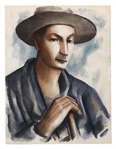 1940s WPA American Modernist Portrait Watercolor Painting, Farmer with Hat Blue