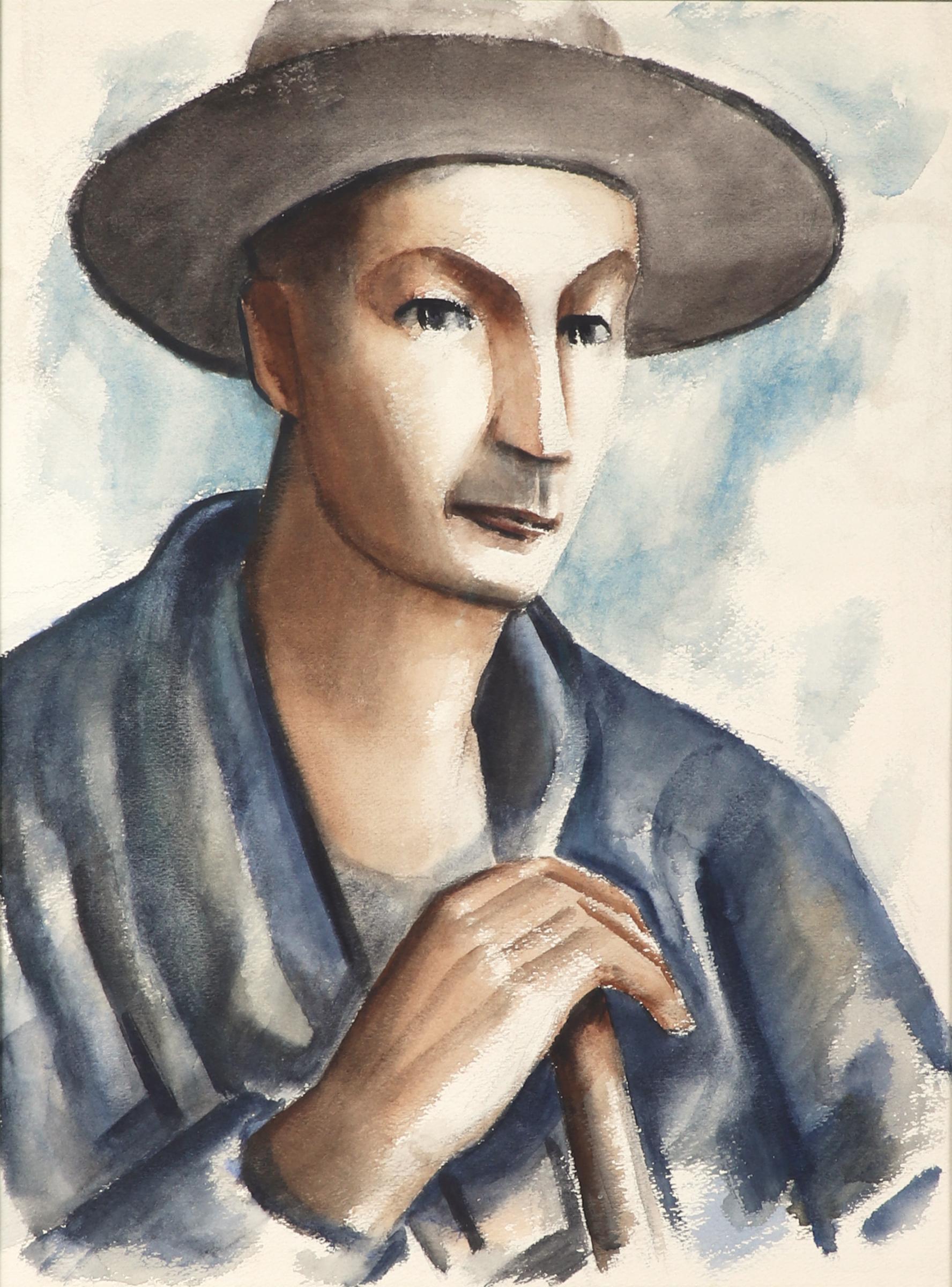 1940s WPA American Modernist Portrait Watercolor Painting, Farmer with Hat Blue 3