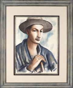 1940s WPA American Modernist Portrait Watercolor Painting, Farmer with Hat Blue