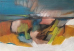 Hilltop Fugue, Abstract Painting in Blue Orange Yellow Green Brown Red Pink