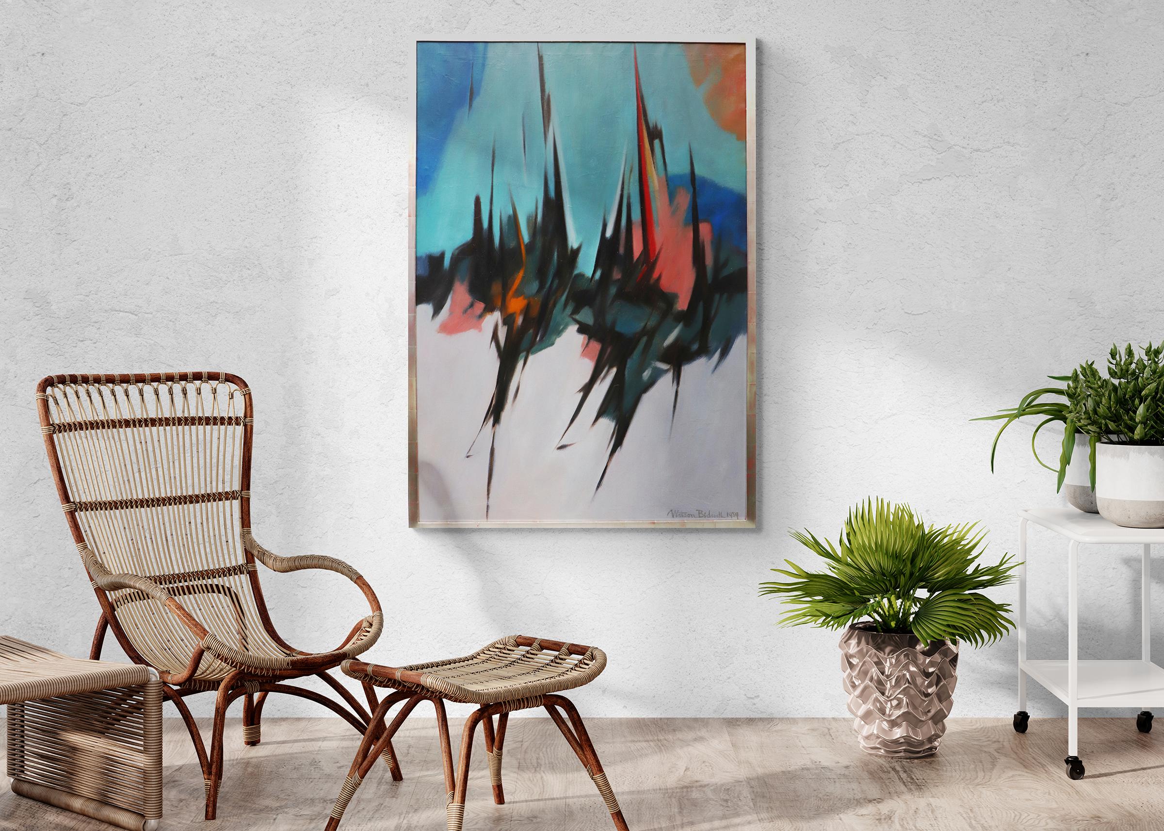 Out of the Deep, 1950s Abstract Oil Painting, Vertical, Blue Pink Orange Gray 9