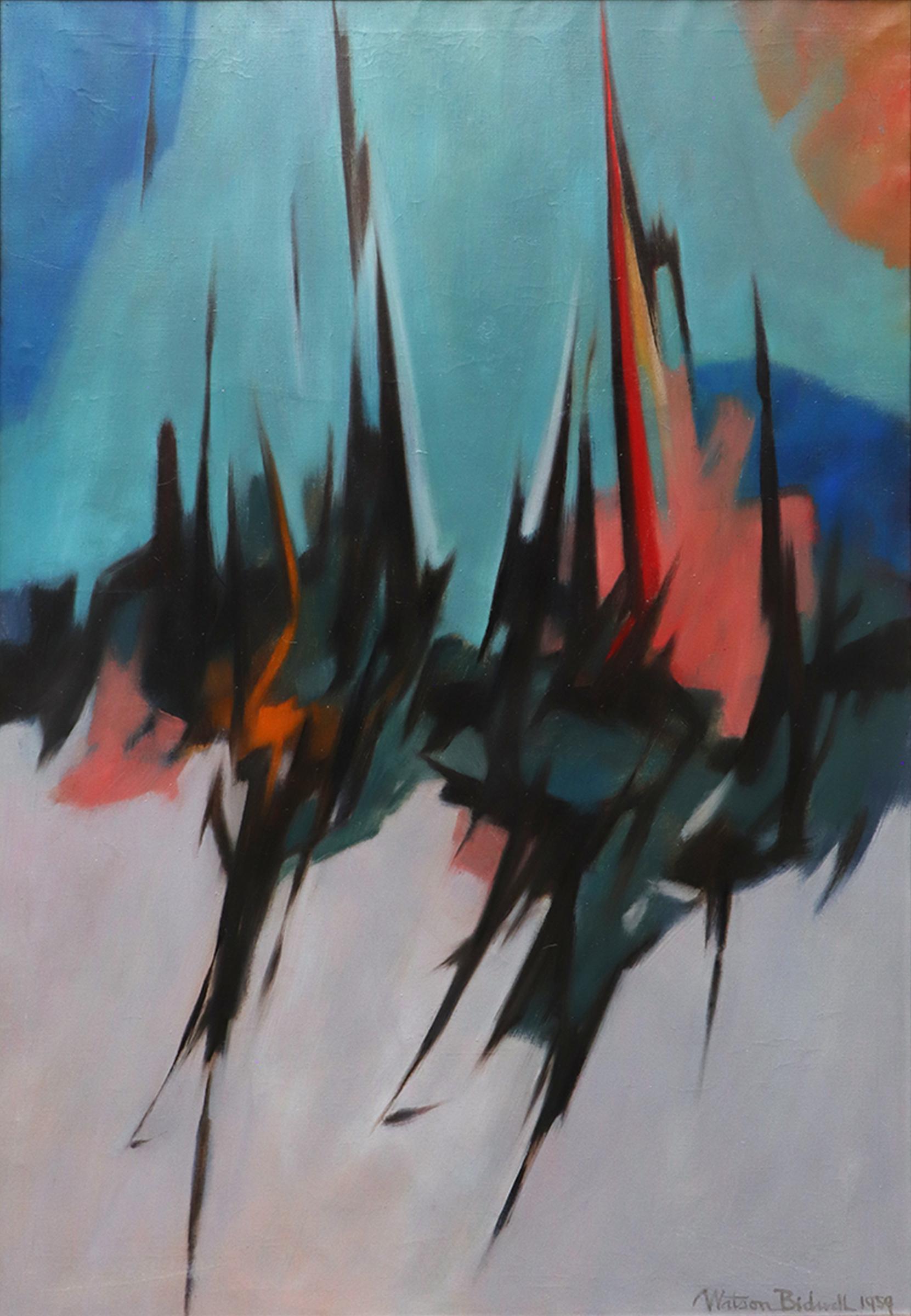 Oil on canvas abstract painting titled 'Out of the Deep' by Watson Bidwell (1904-1964) from 1959. Presented in a custom frame measuring 51 ½ x 37 ½ inches; image size is 50 x 36 ½ inches.

Vertical medium scale painting, abstract composition