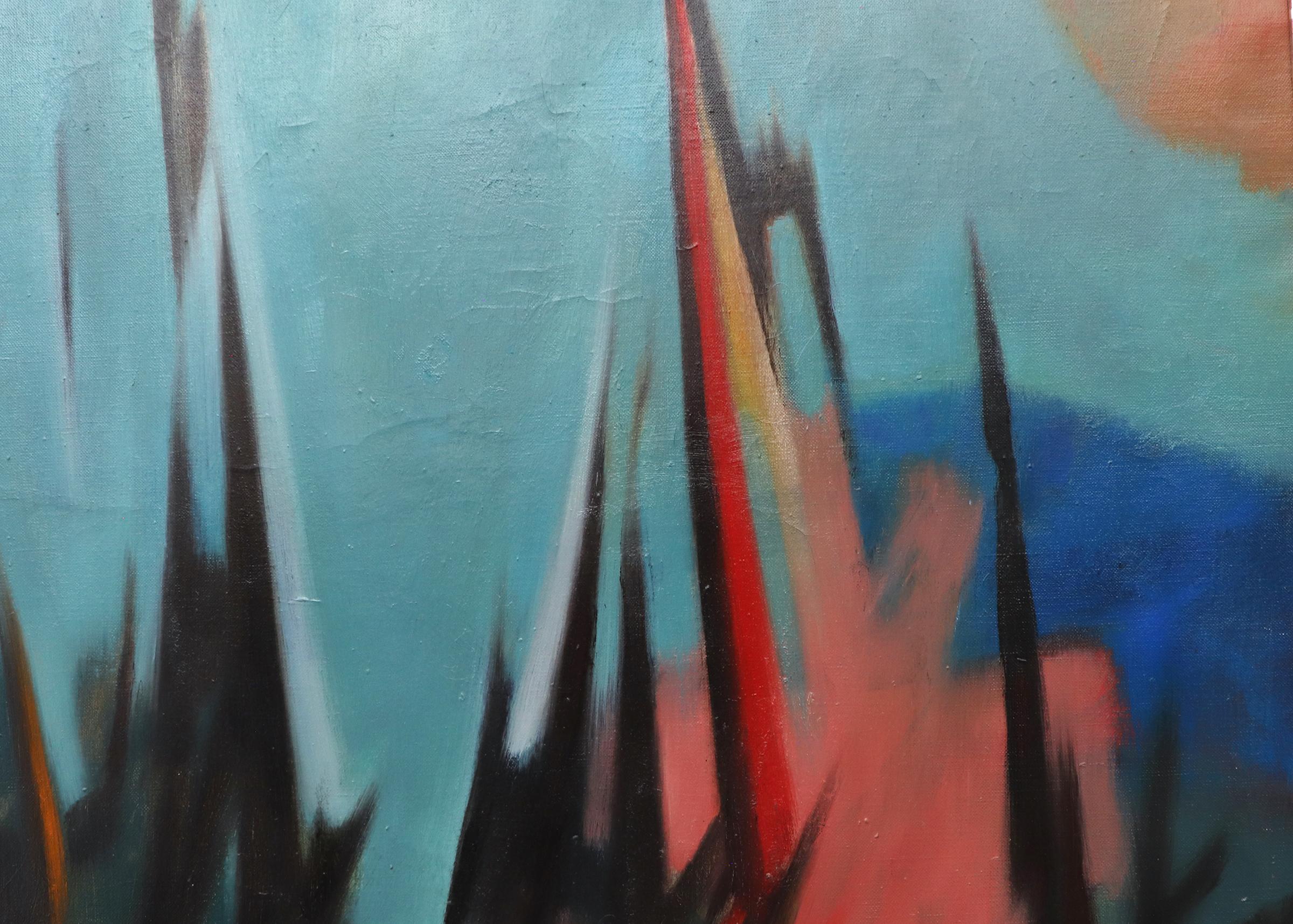 Out of the Deep, 1950s Abstract Oil Painting, Vertical, Blue Pink Orange Gray 5