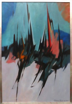 Out of the Deep, 1950s Abstract Oil Painting, Vertical, Blue Pink Orange Gray