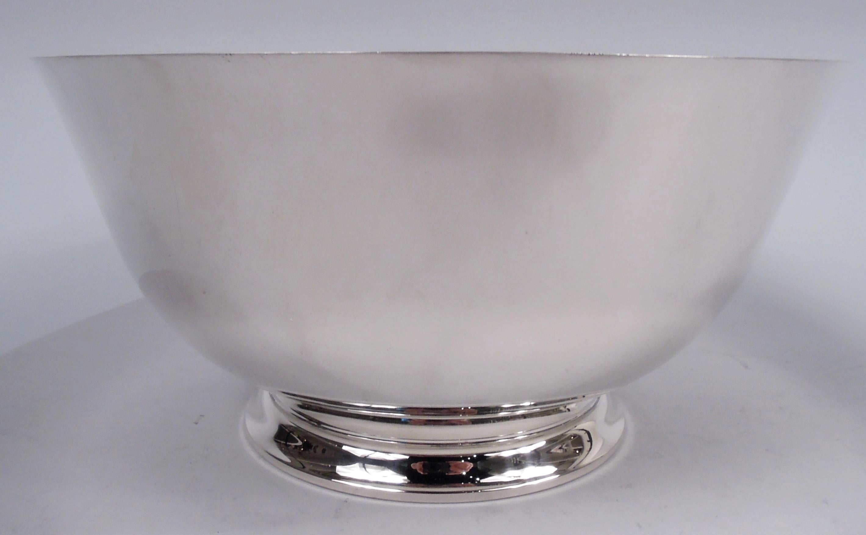 Colonial Revival sterling silver Revere bowl. Made by Watson Company in Attleboro, Mass. Traditional form with curved and tapering sides, gently flared rim, and raised foot. Lots of room for engraving. Fully marked including maker’s stamp, no. B267,