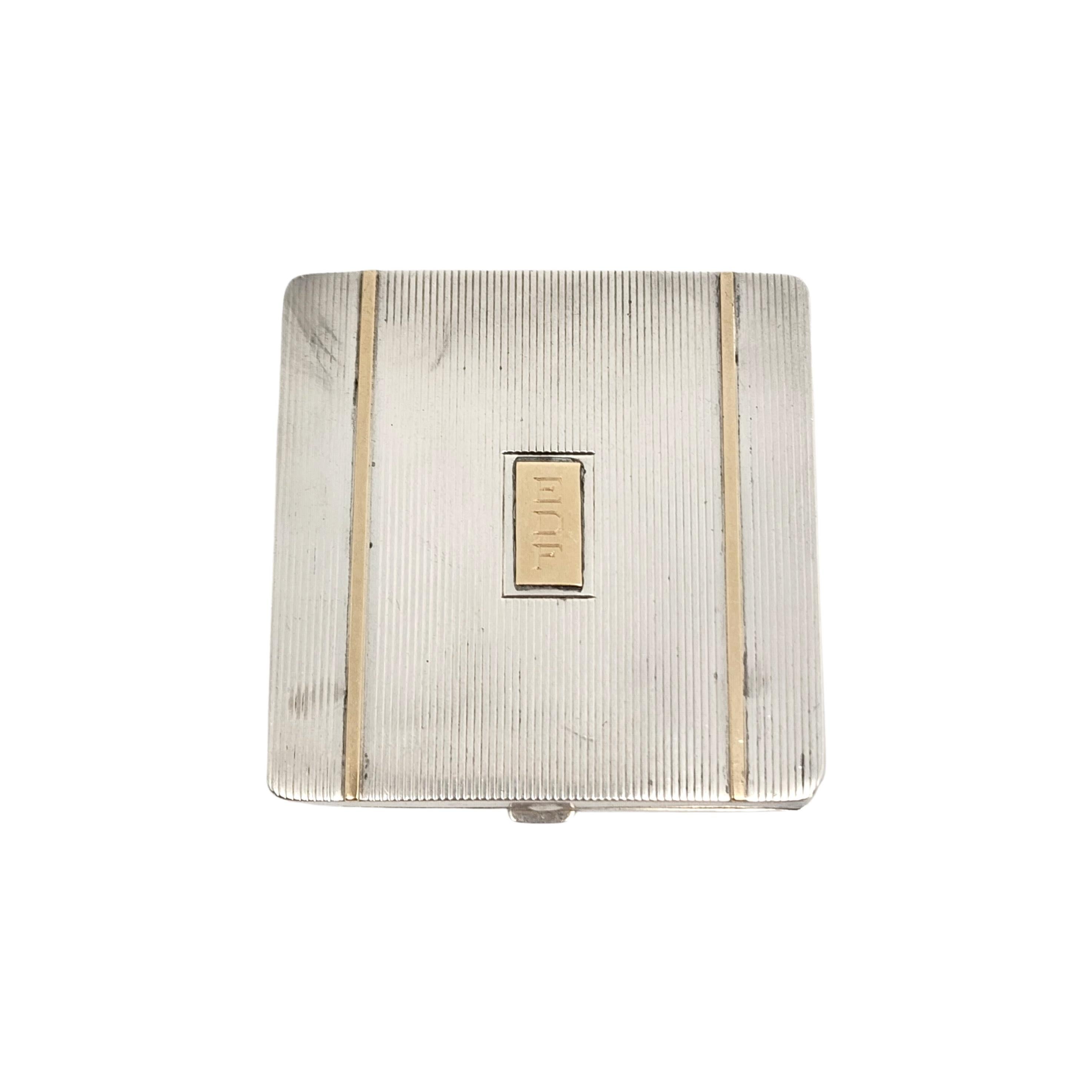 Vintage sterling silver with 14K Gold Plate square mirror compact by Watson Co with monogram.

Monogram appears to be EDF. Engraved inside MARCH 23-1938.

Beautiful etched line design with yellow gold plated applied stripe accents on both sides.