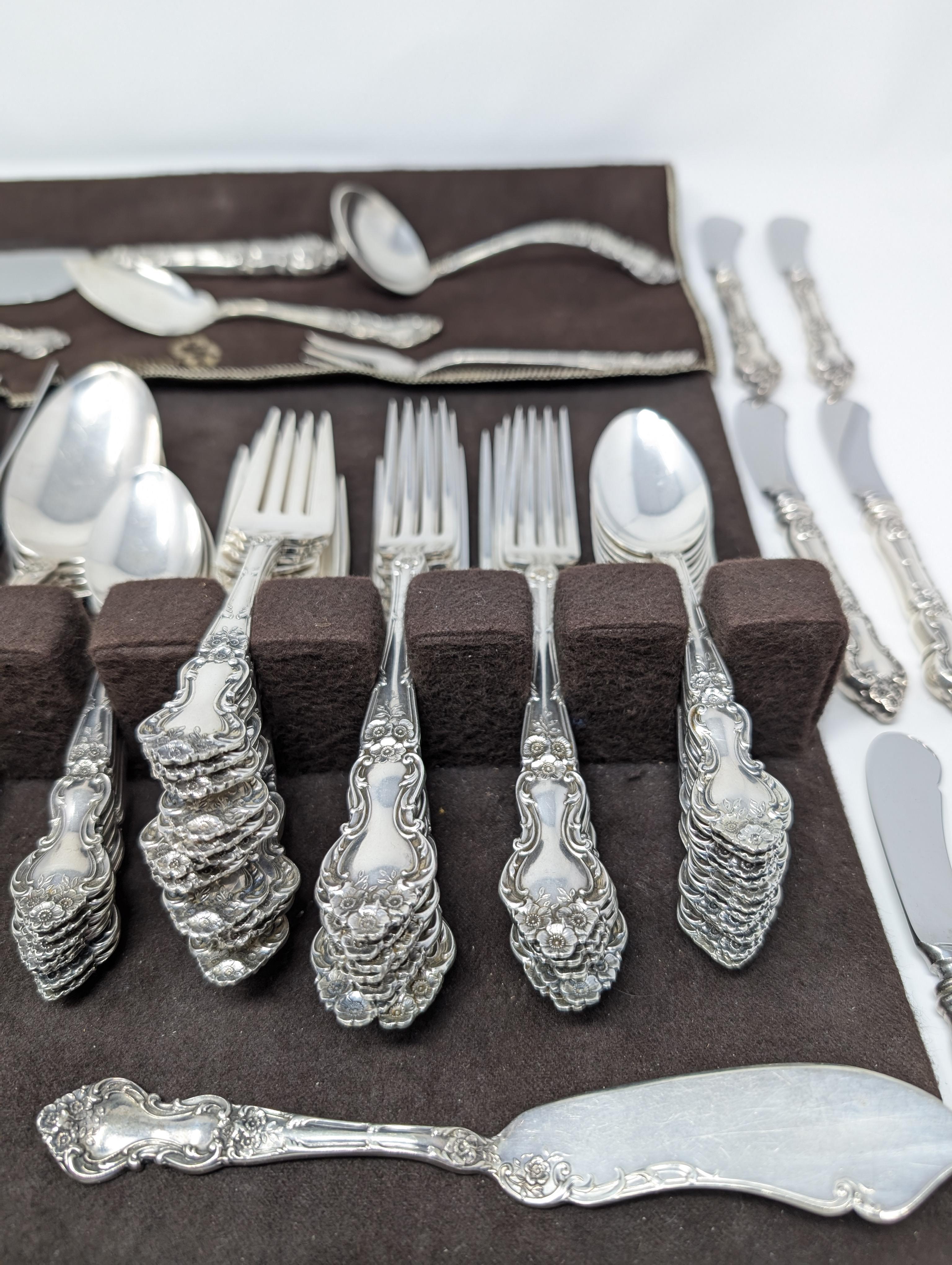 Set di posate in argento 925 Watson Wallace Meadow Rose 77 pezzi per cena In condizioni discrete in vendita a Greer, SC