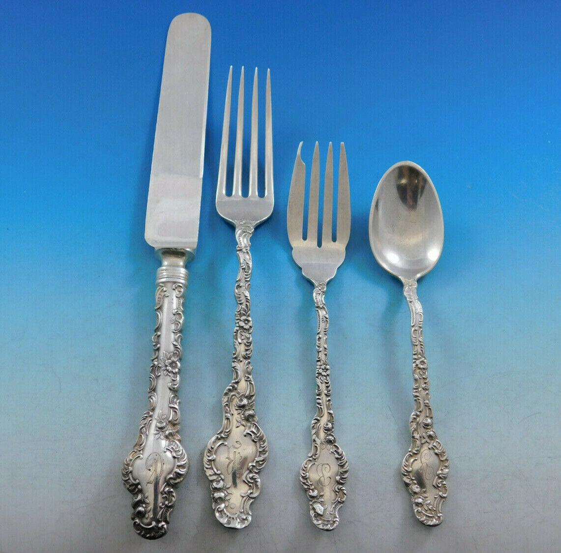 Monumental Watteau by Durgin circa 1890-1920 sterling silver dinner size flatware set - 168 pieces. This set includes:

12 dinner size knives, blunt blades, 9 5/8
