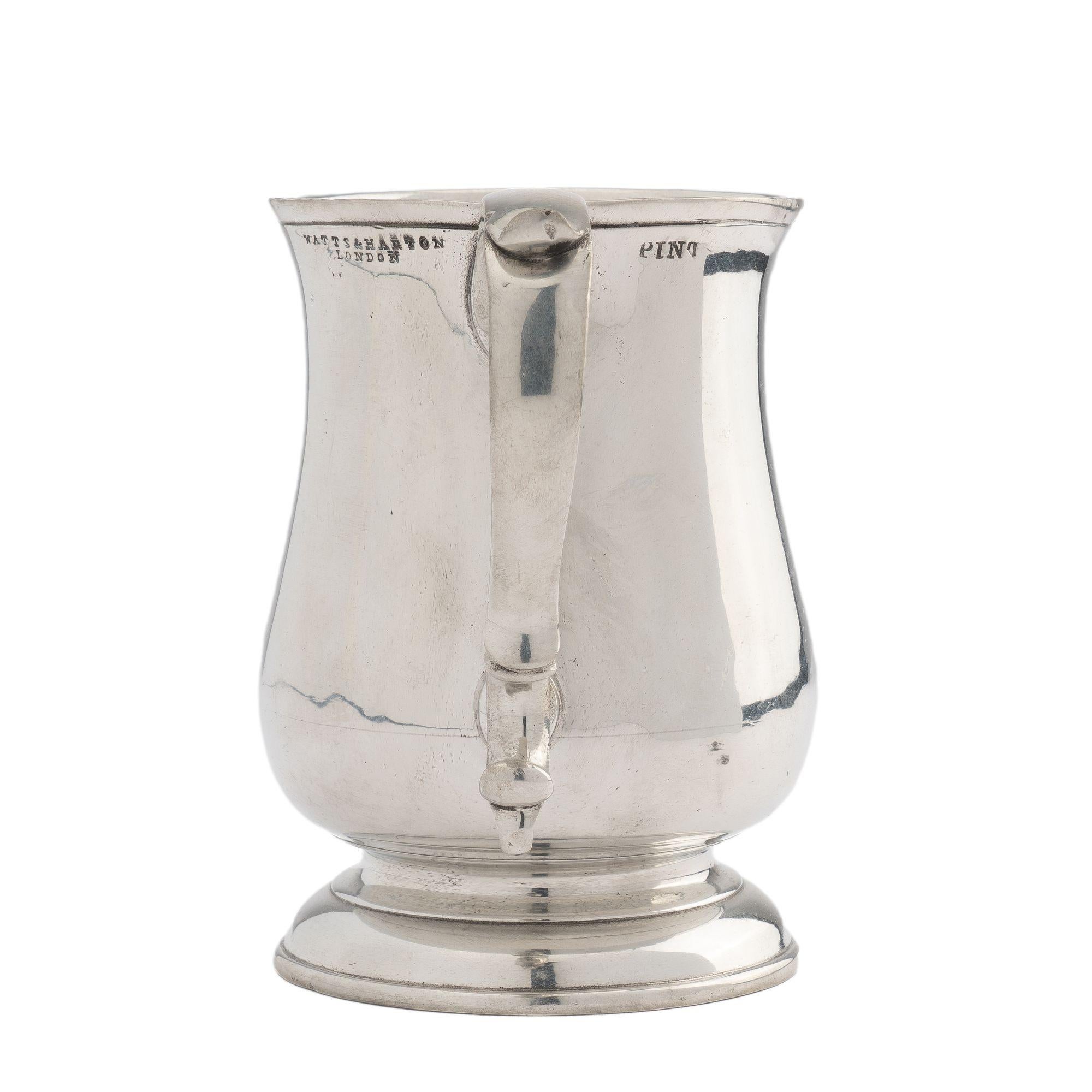English Watts & Harton Tulip Shaped Polished Pewter Mug with Applied Scroll Handle, 1830 For Sale