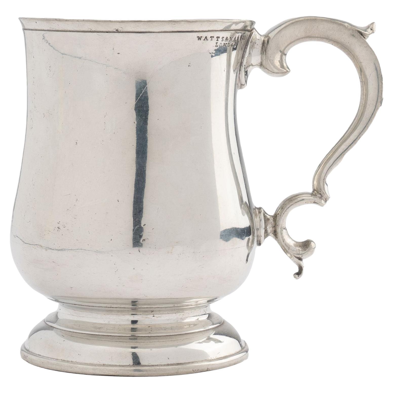 Watts & Harton Tulip Shaped Polished Pewter Mug with Applied Scroll Handle, 1830 For Sale