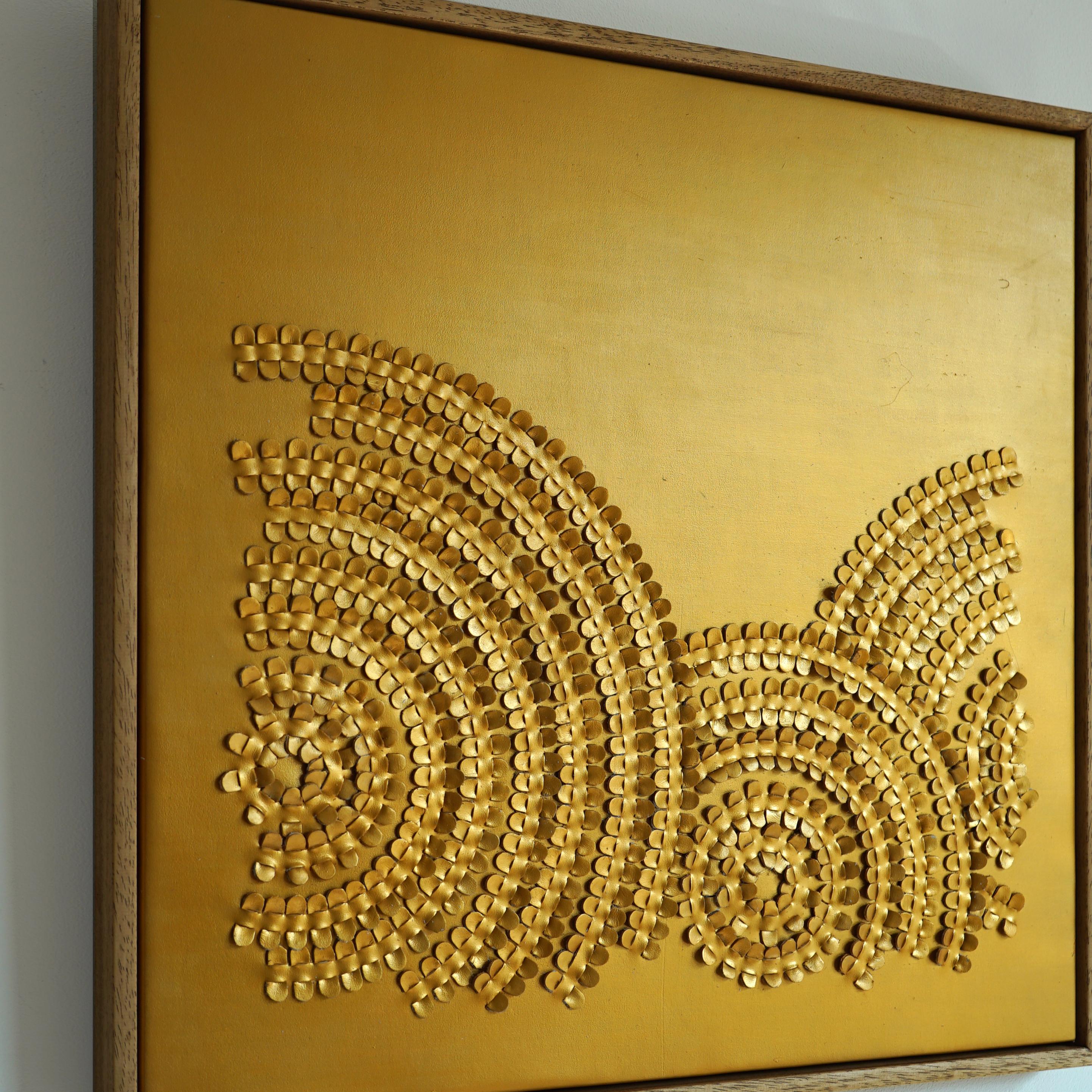 Hand-Crafted Wave. A Piece of 3D Sculptural Gold Leather Wall Art. For Sale