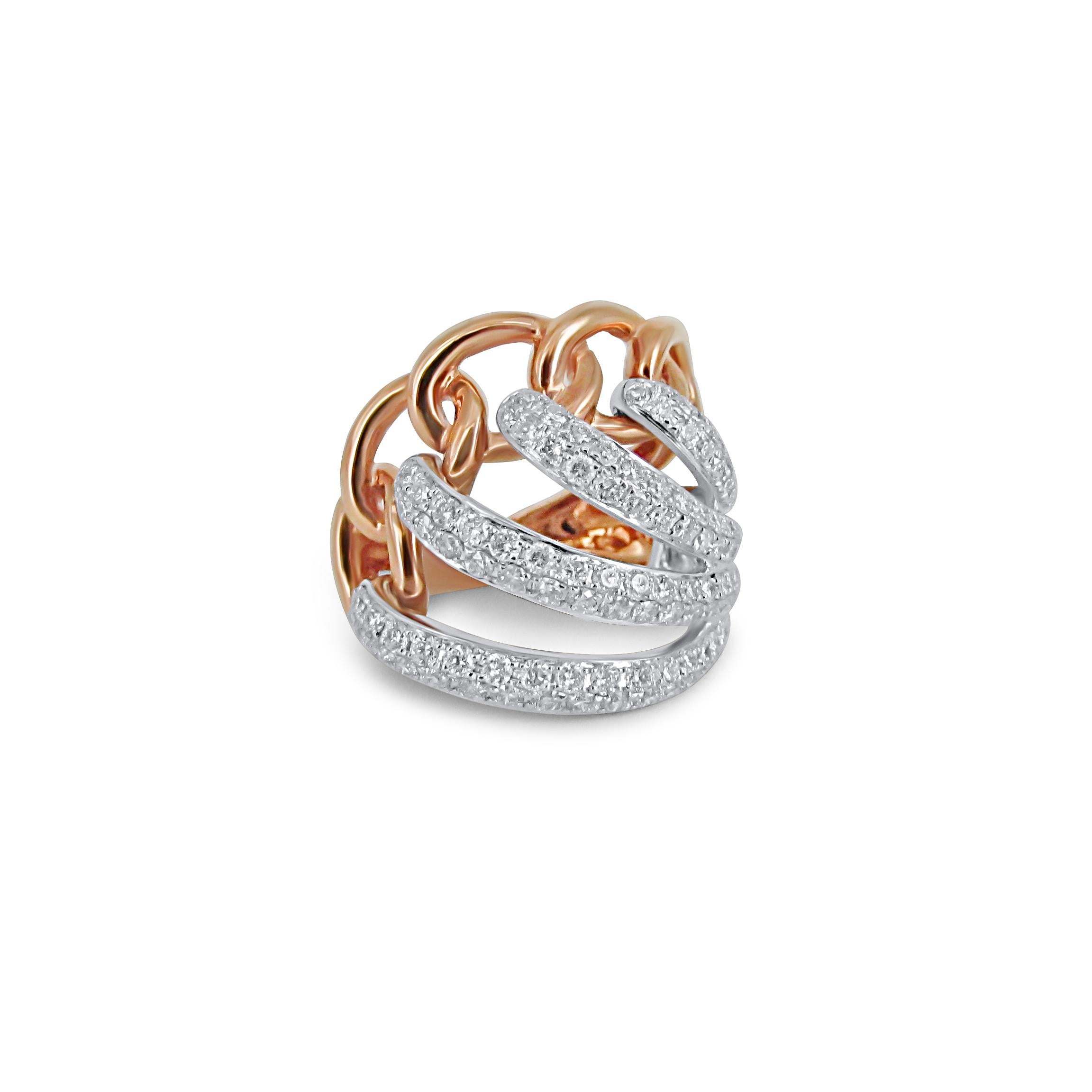 Total Ring Carat Weight: 1.22cts
Diamond Clarity: VS1
Diamond Color: G
Gold Purity: 18k
Gold Color: Rose/White
Gold Weight: 9.03g
Diamond Type: Natural Diamond, Conflict-Free

This piece has been designed and curated with a creative and artistic