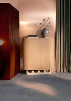 Wave Bar Cabinet in Natural Oak and Light Blue Lacquered wood