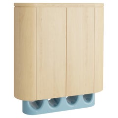 Wave Bar Cabinet in Natural Oak and Light Blue Lacquered wood