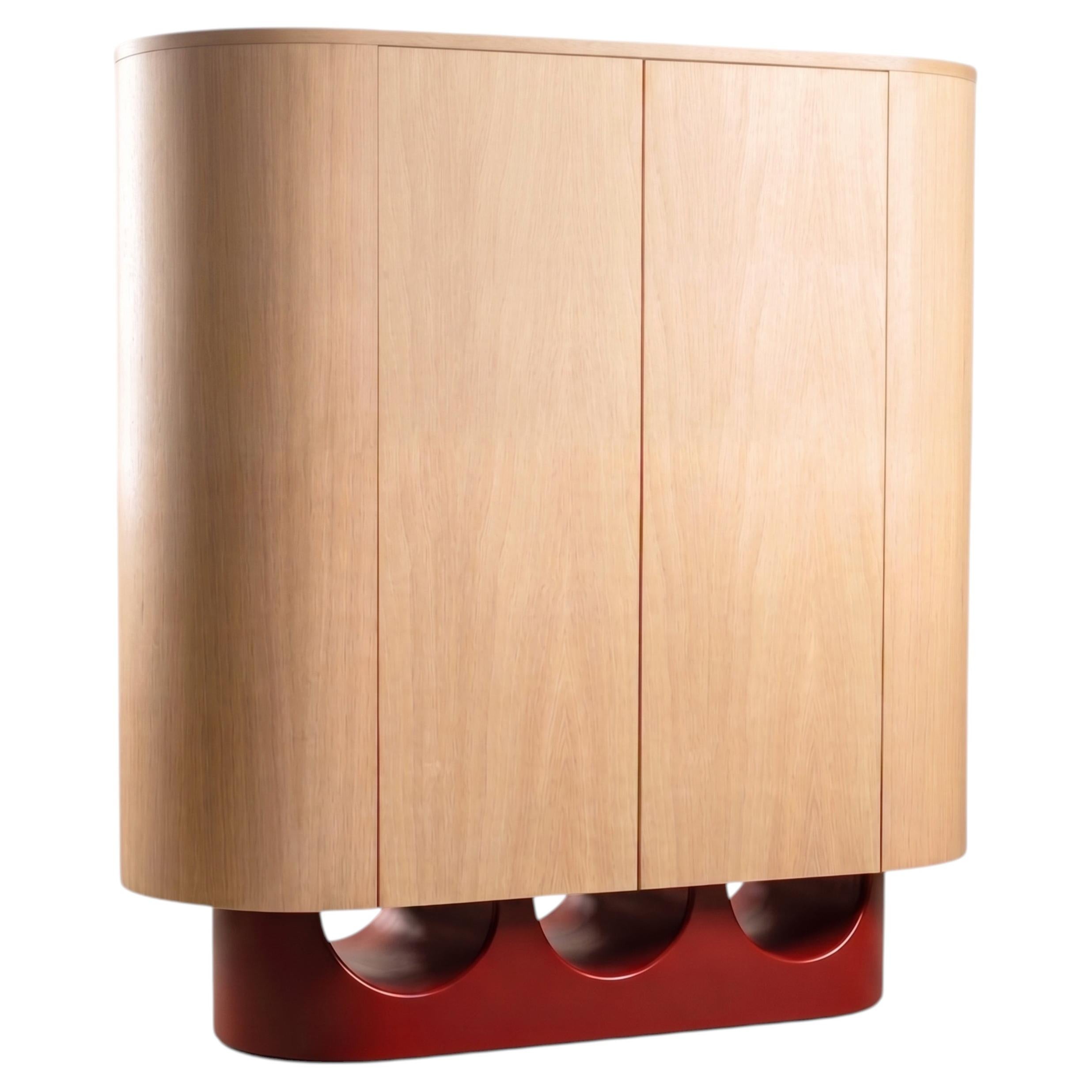 Mueble Bar Wave en Roble Natural y Madera Lacada Vino